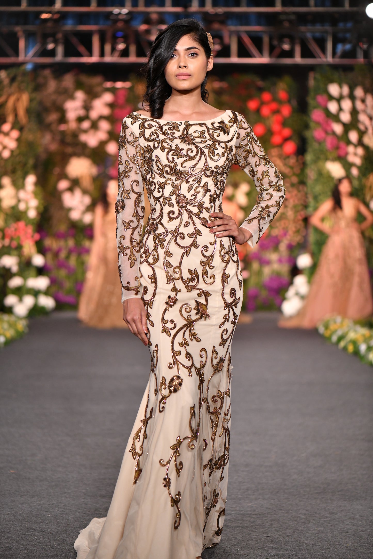 Off shoulder embellished A Line Gown- Crème