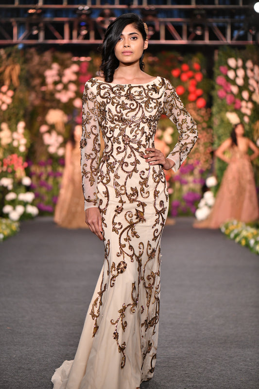 Off shoulder embellished A Line Gown- Crème