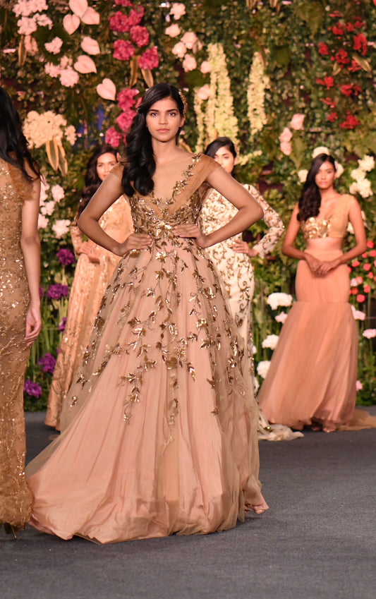 Leaf embellished sheer gown